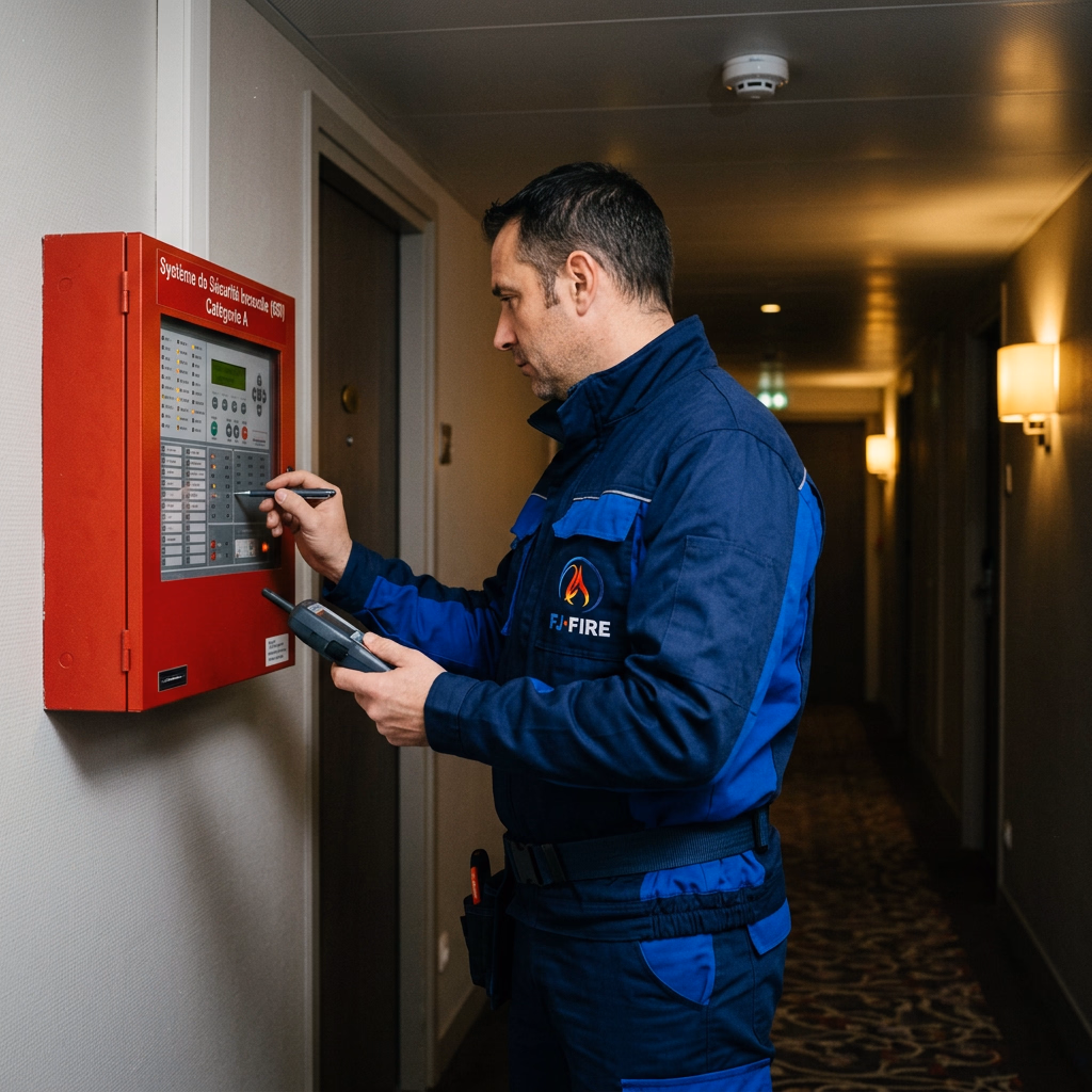 Technicien vérifiant un système de sécurité incendie et une centrale d'alarme dans un hôtel