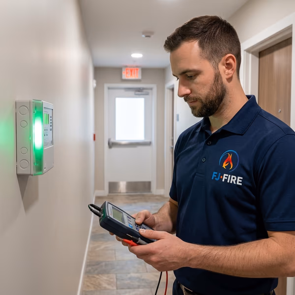 Technicien FJ FIRE vérifiant un bloc autonome d'éclairage de sécurité (BAES) dans un couloir d'immeuble résidentiel