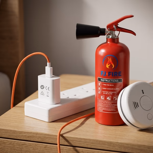 Chargeur de téléphone certifié NF posé sur une table de nuit, à côté d'un détecteur de fumée DAAF et d'un extincteur compact pour maison