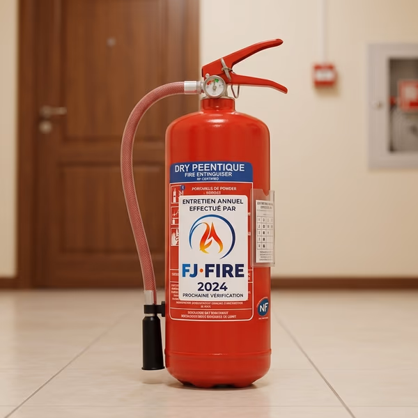 Extincteur certifié NF installé dans le couloir d'un immeuble résidentiel, avec vignette de contrôle annuel visible — sécurité incendie logement collectif
