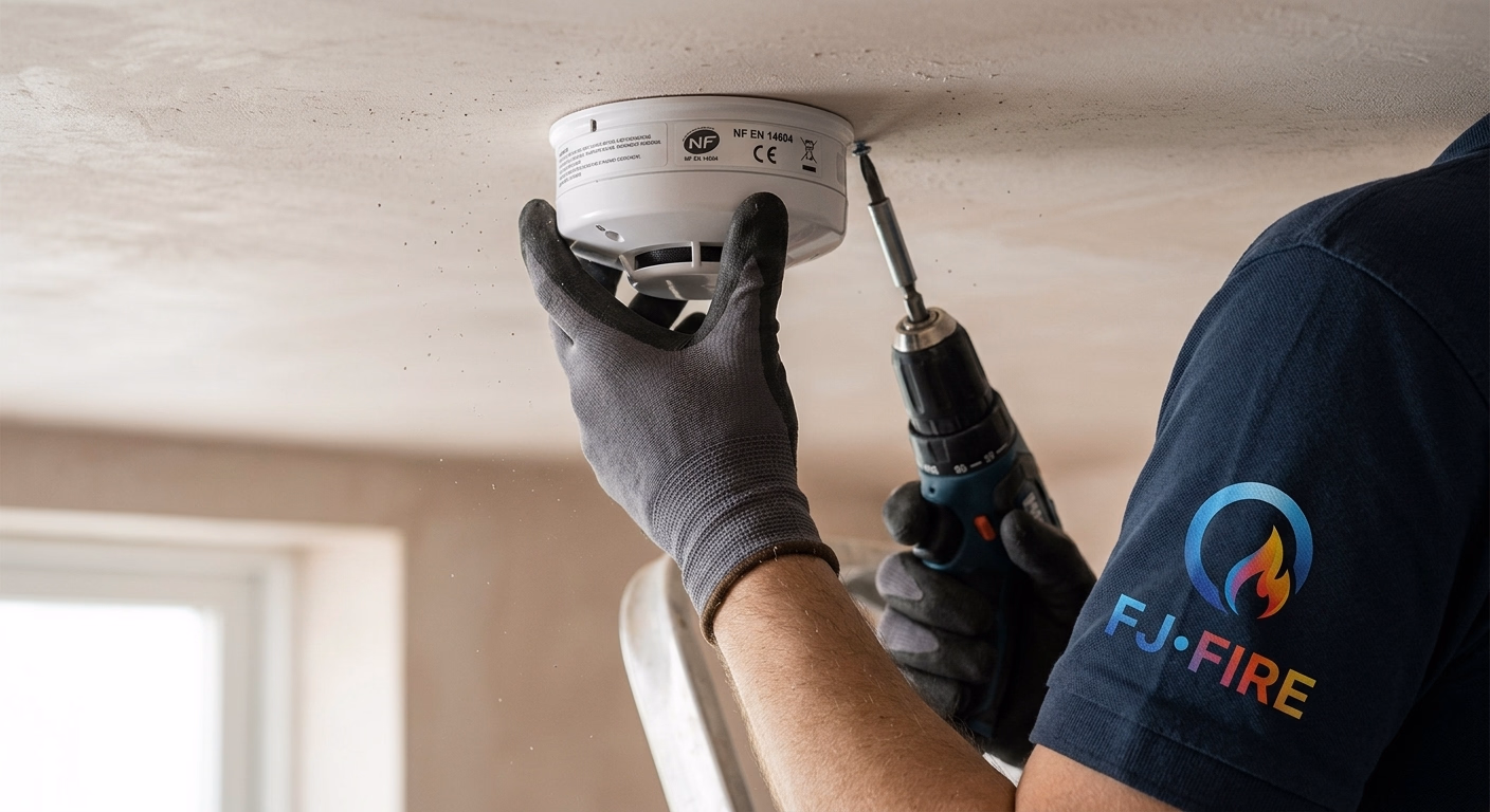 Technicien installant un detecteur de fumee NF au plafond d'un couloir d'immeuble