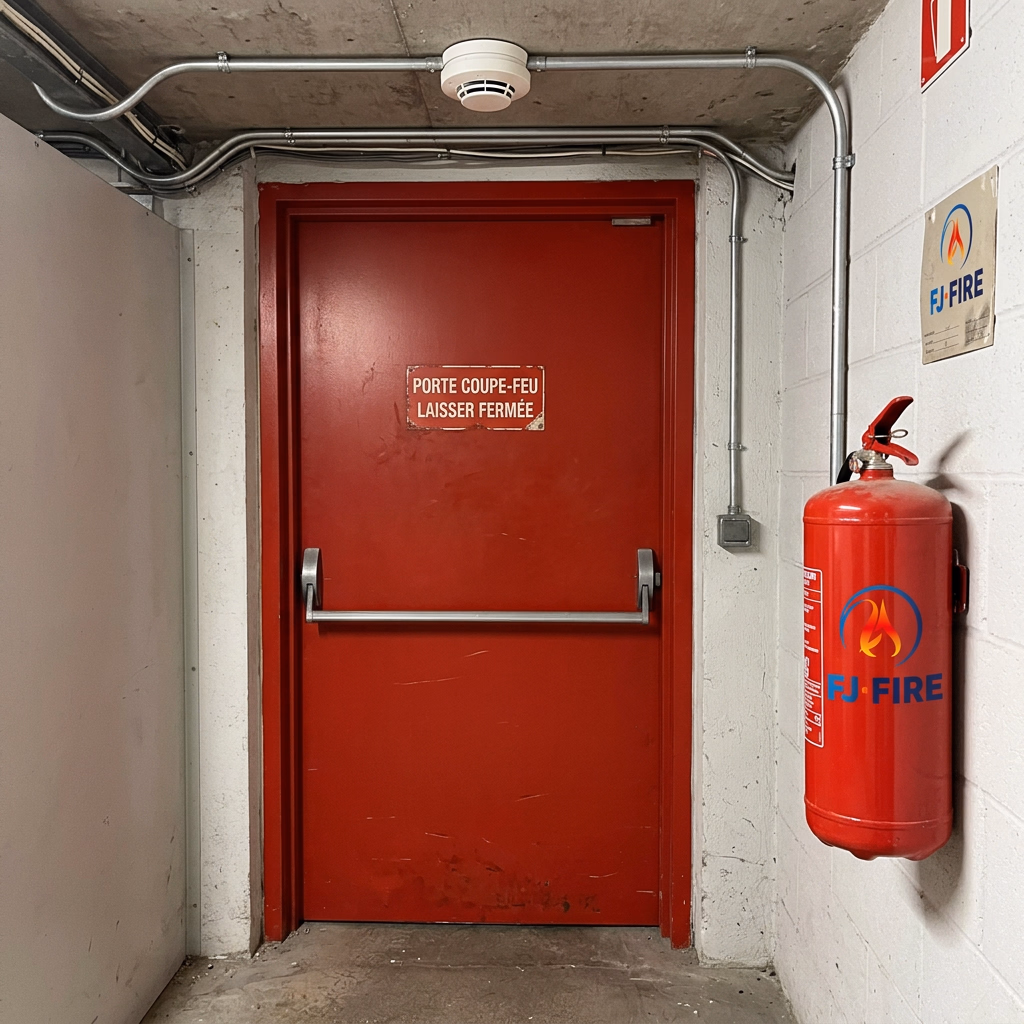 Local de stockage de papier isolé par une porte coupe-feu avec détecteur de fumée et extincteur à proximité dans un atelier technique