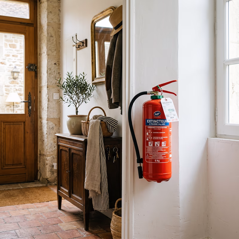Extincteur maison installé dans une cuisine moderne, accessible et prêt à l'emploi pour la prévention incendie domestique