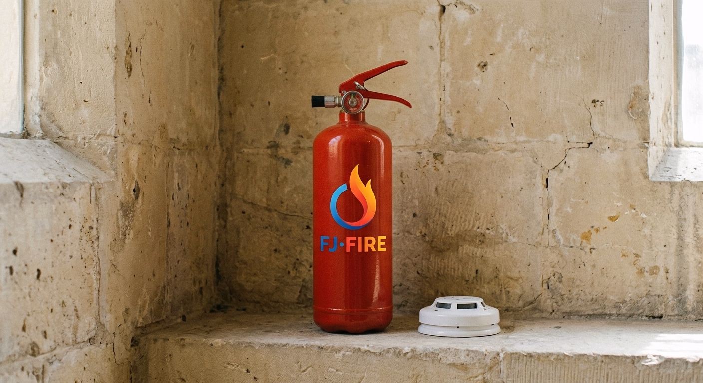 Extincteur à eau ABF 2L rouge et détecteur autonome de fumée DAAF blanc posés contre un mur en pierre calcaire d'une maison périgourdine, équipements de sécurité incendie pour particuliers en Dordogne