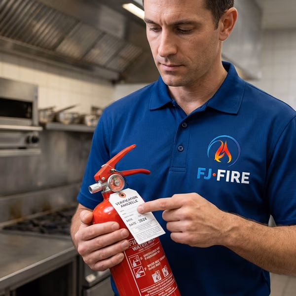 Technicien FJ FIRE vérifiant un extincteur classe F dans une cuisine professionnelle — vérification annuelle obligatoire ERP type N