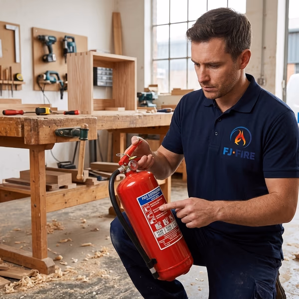 Technicien FJ FIRE vérifiant un extincteur rouge dans un atelier de menuiserie artisanal, contrôle annuel obligatoire prévention incendie entreprise