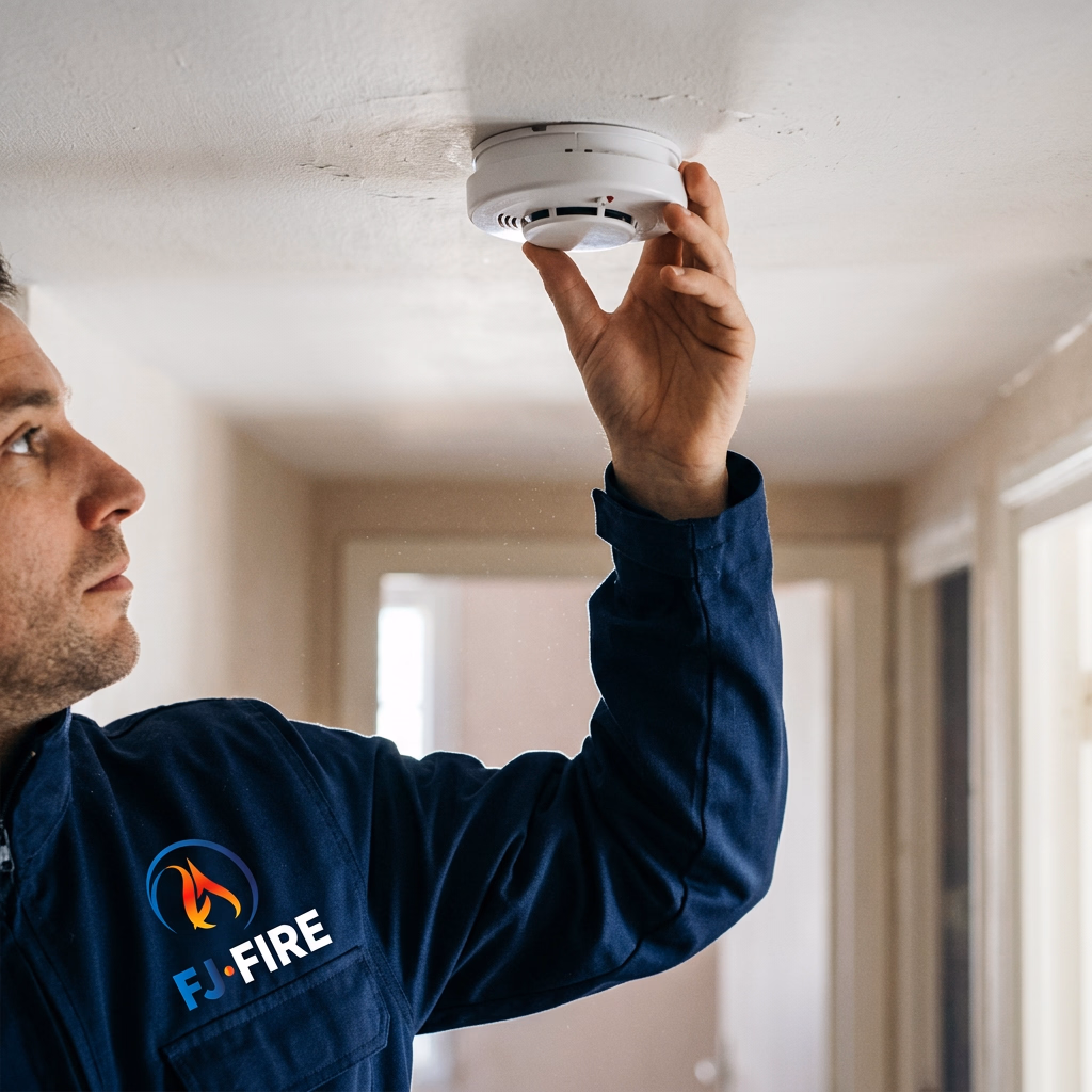 Installation d'un détecteur de fumée DAAF au plafond d'un couloir desservant des chambres, dans une maison individuelle