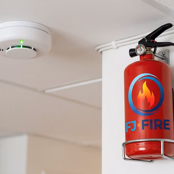 Détecteur de fumée DAAF fixé au plafond et extincteur ABF 2L sur support mural dans une maison — équipements de prévention incendie pour particuliers