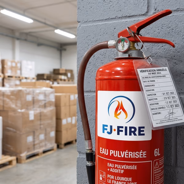 Extincteur industriel avec étiquette de vérification annuelle dans un entrepôt de stockage de matériaux, conformité Code du travail