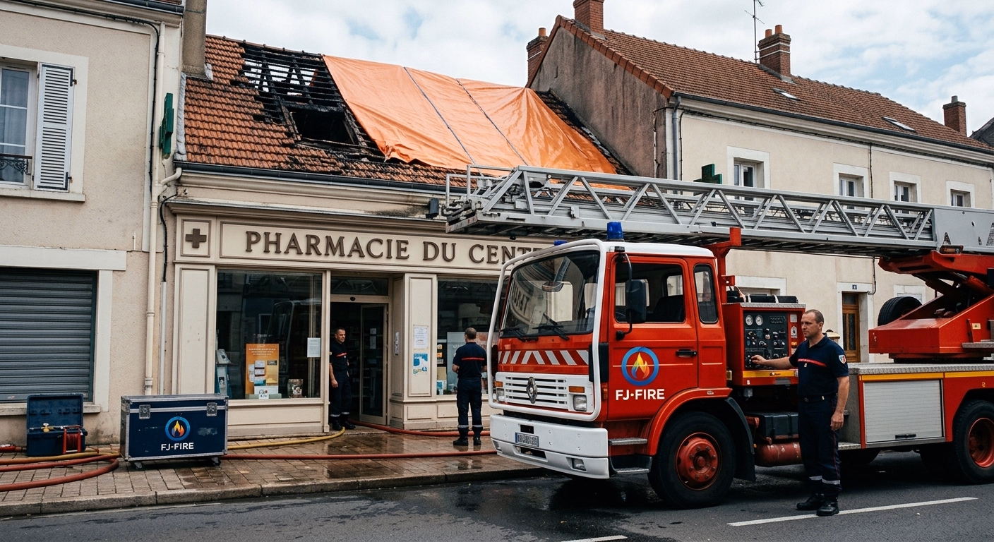 Aixe-sur-Vienne (Haute-Vienne) : la toiture de la pharmacie Couturier détruite par un incendie, l'origine reste inconnue