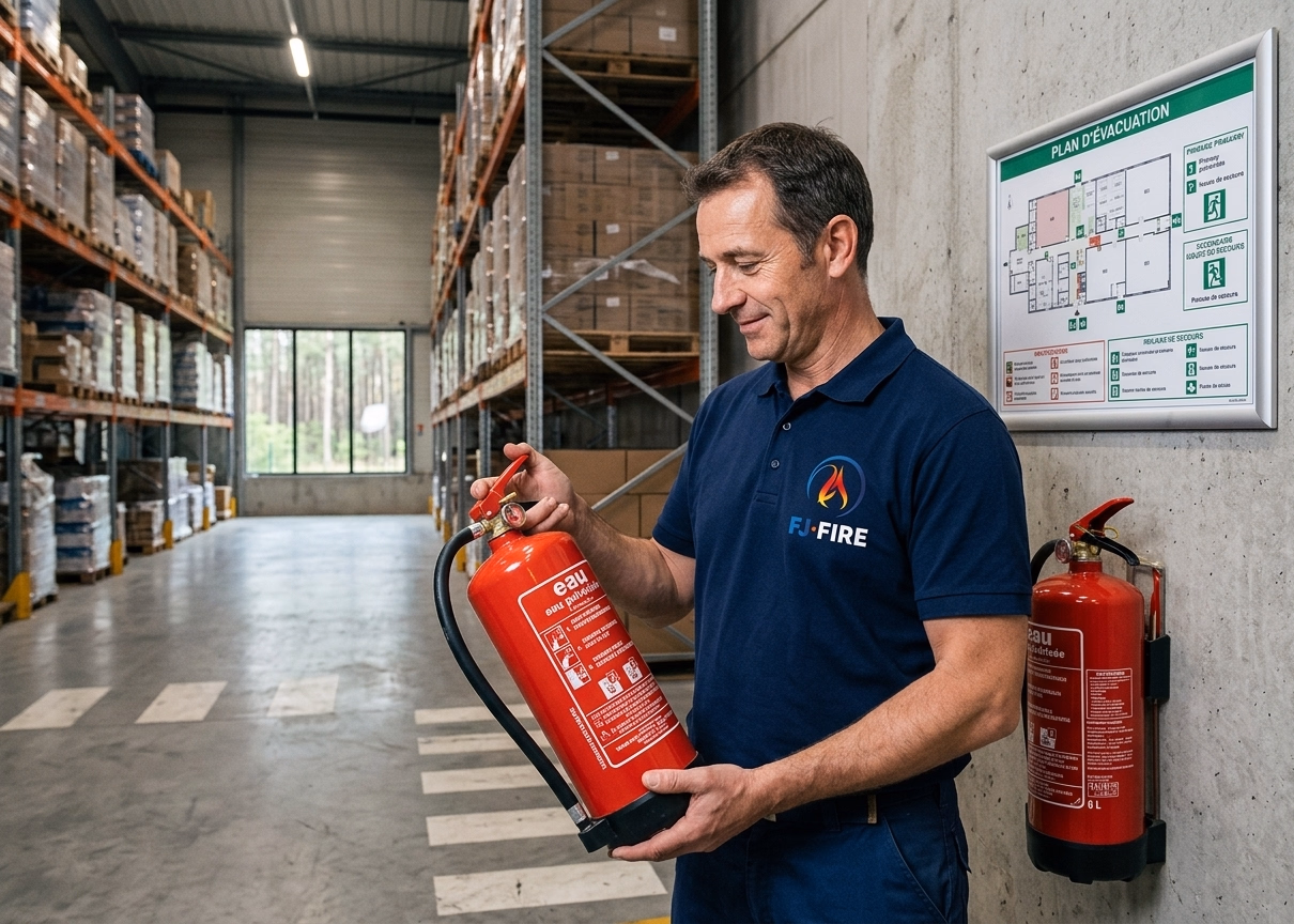 Technicien FJ FIRE vérifiant un extincteur dans un entrepôt en zone boisée de Gironde, plan d'évacuation affiché au mur