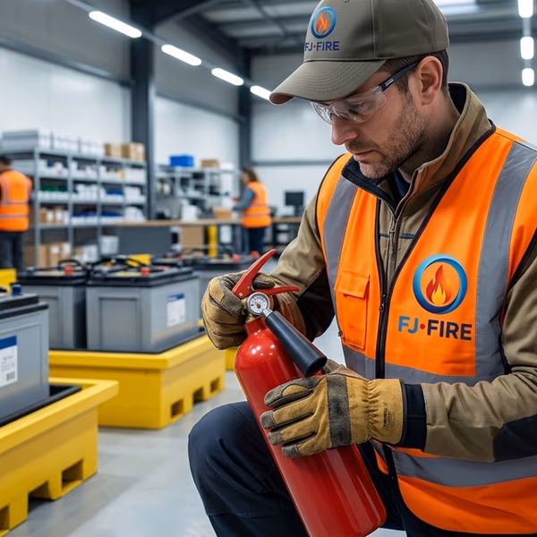 Technicien de sécurité incendie vérifiant un extincteur dans un entrepôt industriel avec bac de rétention pour batteries lithium