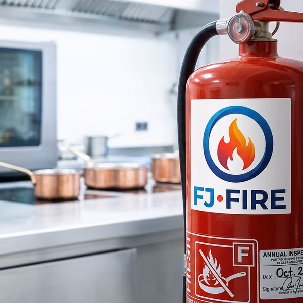 Extincteur classe F verifie accroché dans une cuisine de restaurant conforme aux normes incendie ERP type N