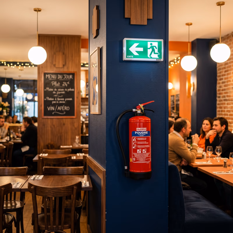 Extincteur et alarme incendie type 4 installés dans un restaurant français, conformes aux normes ERP type N