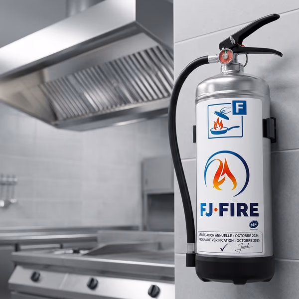 Extincteur classe F homologué NF dans une cuisine professionnelle de restaurant, avec étiquette de vérification annuelle