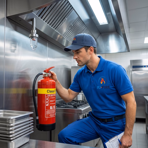 Technicien FJ FIRE vérifiant un extincteur de classe F dans une cuisine professionnelle de restaurant — prévention incendie ERP type N