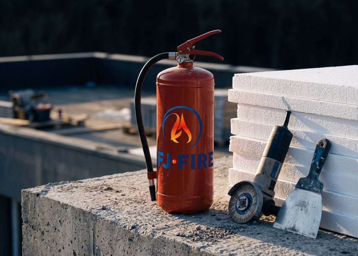 Extincteur posé sur un chantier de toiture à proximité de plaques d'isolant, prévention du risque incendie point chaud