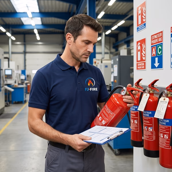 Technicien FJ FIRE vérifiant une rangée d'extincteurs dans une usine industrielle — contrôle annuel conformité sécurité incendie entreprise
