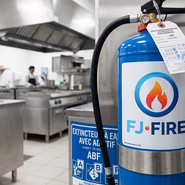 Extincteur classe F sur support mural dans une cuisine industrielle professionnelle — conformité sécurité incendie