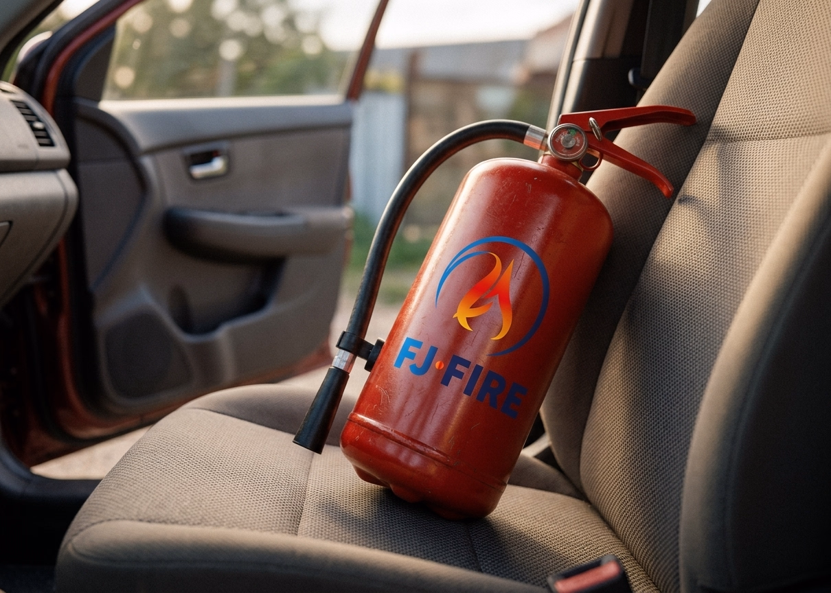 Extincteur poudre ABC posé dans un véhicule, prévention incendie automobile