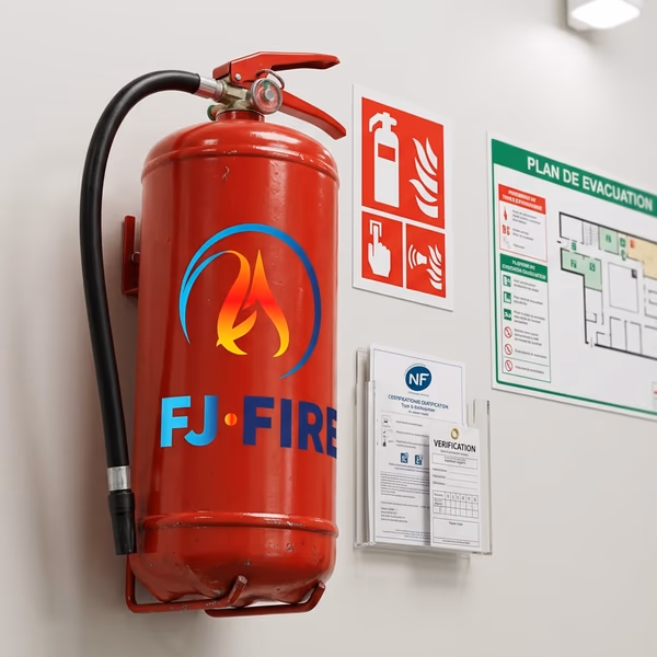 Extincteur certifié NF avec étiquette de vérification annuelle dans un ERP de 5e catégorie, à côté d'un plan d'évacuation affiché