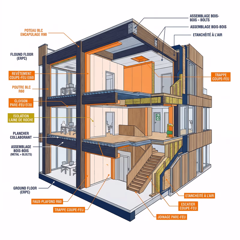 Schéma de principe d'un bâtiment ERP à structure bois montrant les exigences de protection passive incendie : encapsulage, façades, cages d'escalier