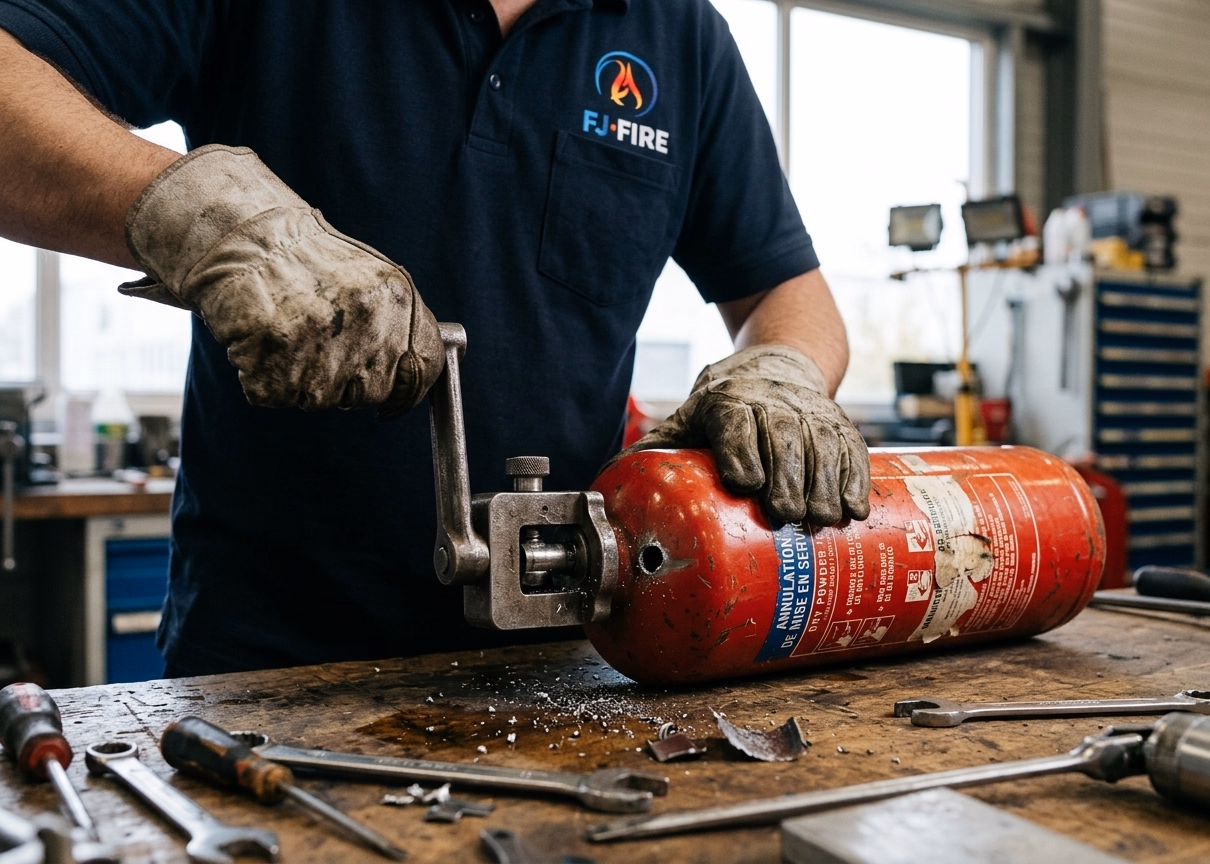 Technicien dénaturant un vieil extincteur en atelier par dépressurisation et perçage, étape que la déchèterie de Bordeaux ne réalise pas