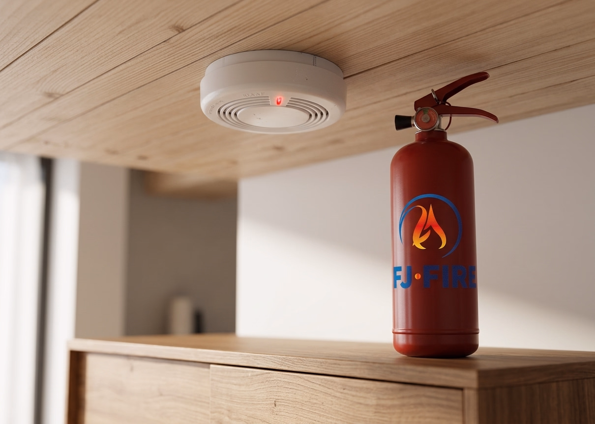 Detecteur de fumee DAAF au plafond et extincteur ABF 2L dans une maison : les deux equipements essentiels pour la securite incendie des particuliers