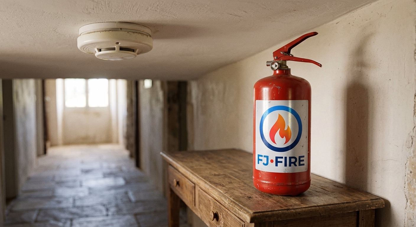 Detecteur de fumee DAAF fixe au plafond d'une maison individuelle, a cote d'un extincteur maison, equipements de securite incendie pour particuliers