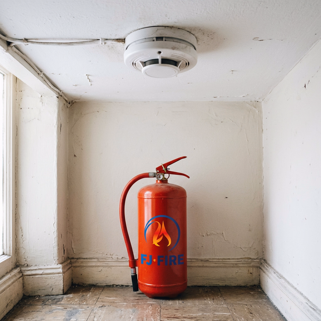 Détecteur de fumée fixé au plafond d'un couloir d'immeuble ancien, extincteur à eau posé au sol, prévention incendie en copropriété