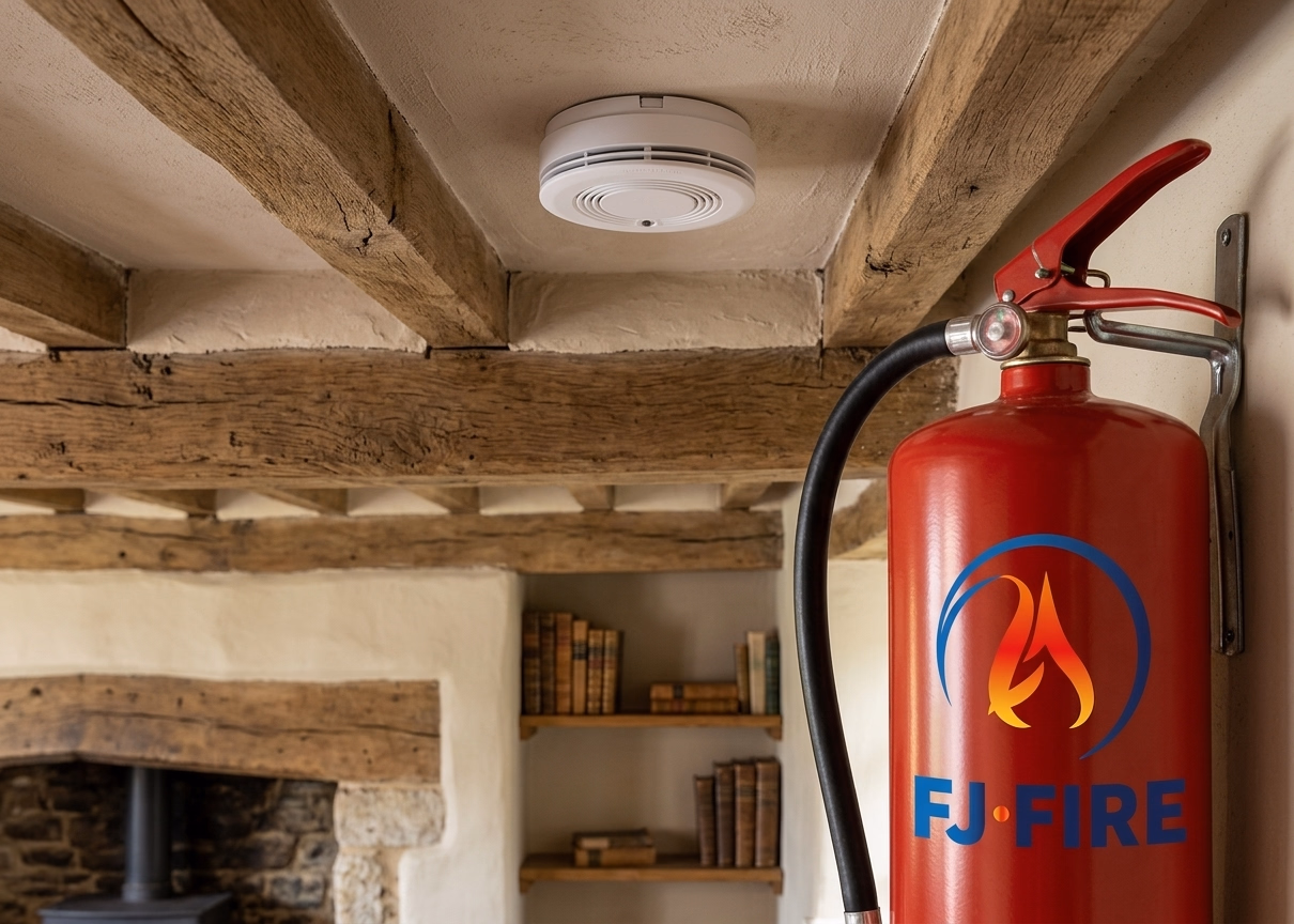 Détecteur de fumée DAAF certifié NF et extincteur pour particuliers dans une habitation ancienne