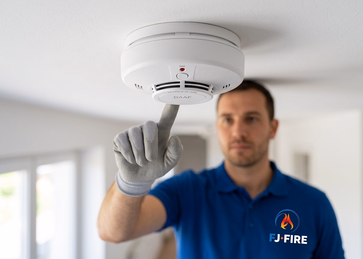 Détecteur de fumée DAAF certifié NF EN 14604 installé au plafond d'un couloir de maison, vérifié par un technicien FJ FIRE