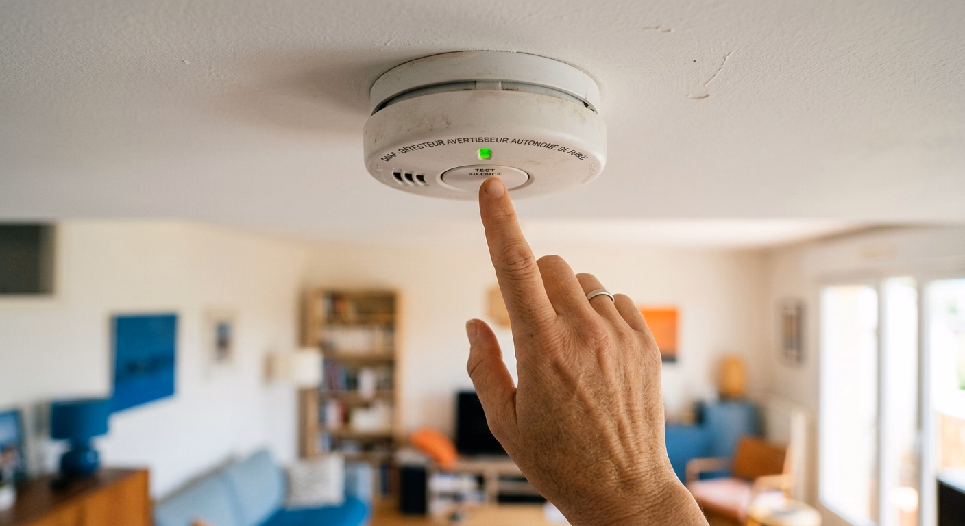 Détecteur de fumée DAAF installé au plafond d'un appartement, obligation légale depuis 2015, test mensuel du bouton
