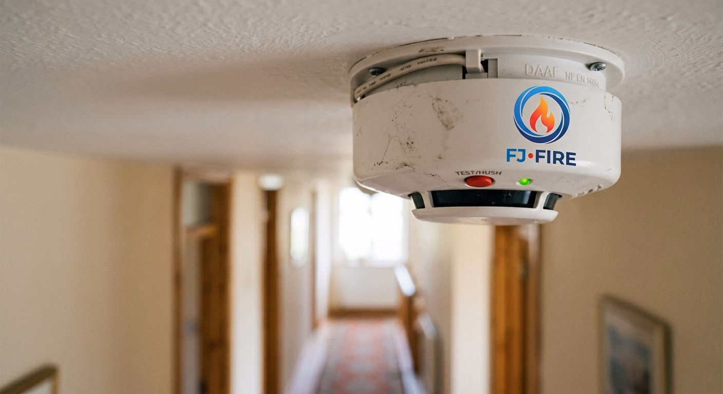 Detecteur de fumee DAAF NF EN 14604 fixe au plafond d'un appartement, obligation legale en logement collectif