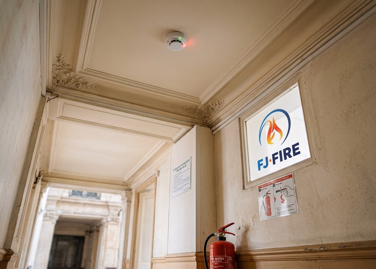 Détecteur de fumée fixé au plafond d'un couloir d'immeuble ancien, extincteur à eau posé au sol, prévention incendie en copropriété