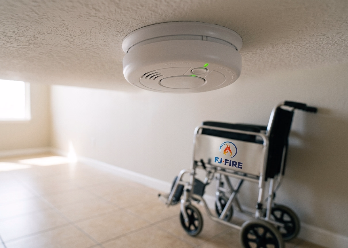 Détecteur de fumée DAAF fixé au plafond d'un couloir, avec fauteuil roulant en arrière-plan : la prévention incendie pour les personnes à mobilité réduite