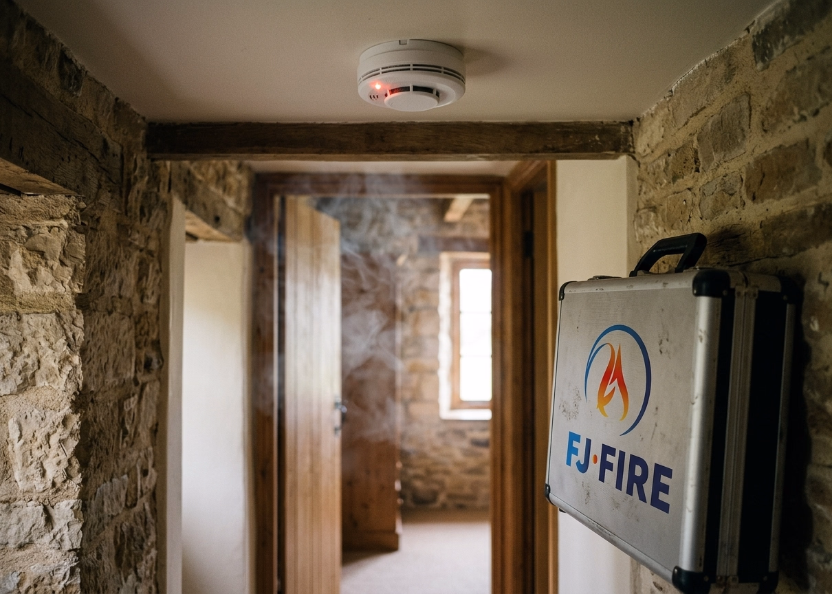 Détecteur de fumée DAAF au plafond d'une maison rurale — alerte précoce incendie nocturne, obligation légale depuis 2015