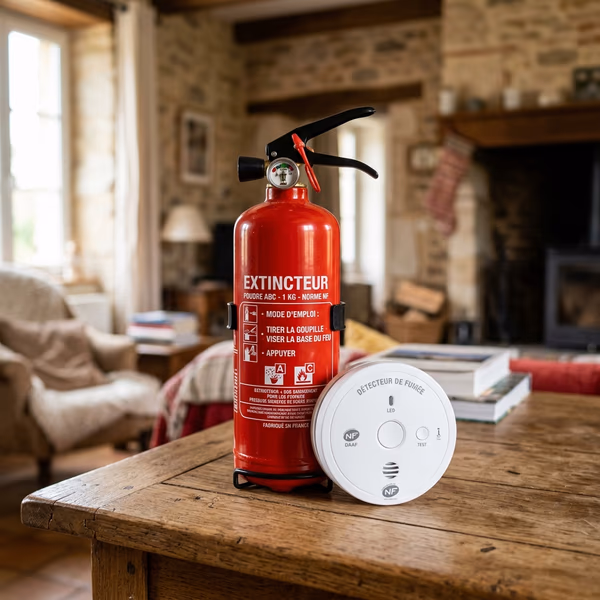 Détecteur de fumée DAAF et extincteur rouge posés côte à côte — les deux équipements essentiels de la sécurité incendie à la maison