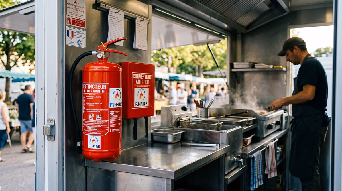 Intérieur d'un food truck avec friteuse et plancha, extincteur à eau additivée classe F et couverture anti-feu fixés au mur près du poste de cuisson