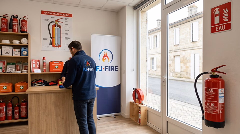 Extincteur à eau fixé au mur près de la porte d'une petite boutique de moins de 40 m², avec son panneau de signalisation
