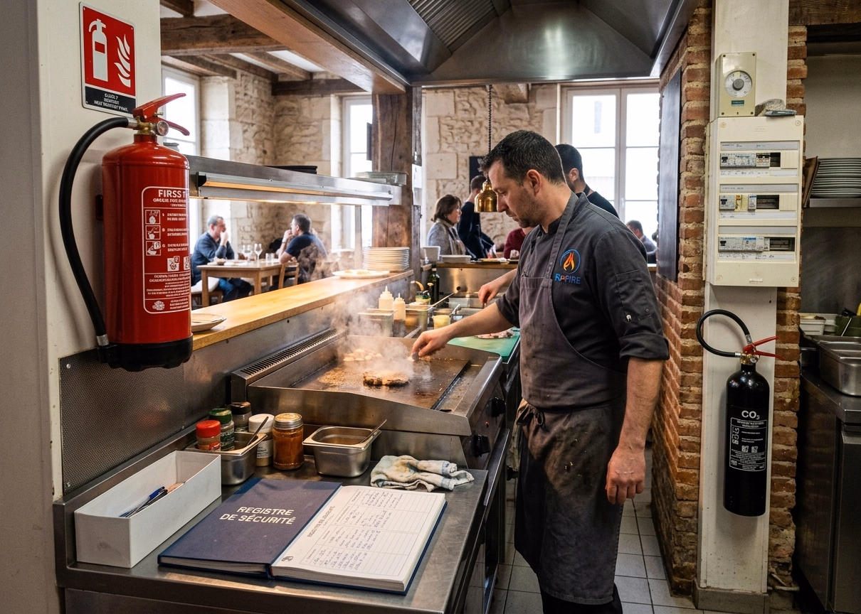Extincteur classe F en cuisine, extincteur CO2 près du tableau électrique et registre de sécurité dans un restaurant ERP 5e catégorie à Angoulême, Charente