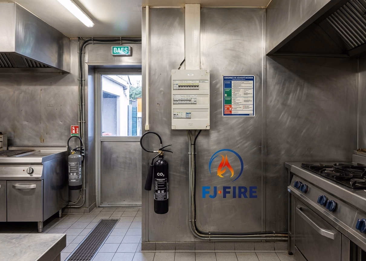 Commerce de restauration de 5e catégorie à Bègles : extincteur CO2 près du tableau électrique, extincteur de classe F en zone de cuisson et consignes de sécurité affichées