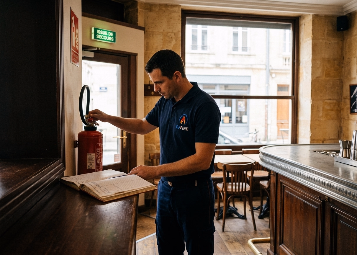 Technicien FJ FIRE vérifiant l'extincteur d'un petit restaurant ERP 5e catégorie à Bordeaux, registre de sécurité sur le comptoir