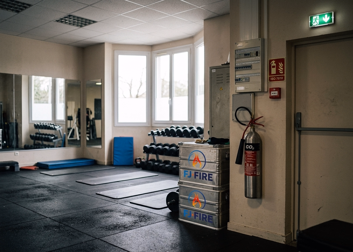 Extincteur CO2 près du tableau électrique, déclencheur manuel d'alarme et BAES dans une salle de sport ERP 5e catégorie à Mérignac, Gironde