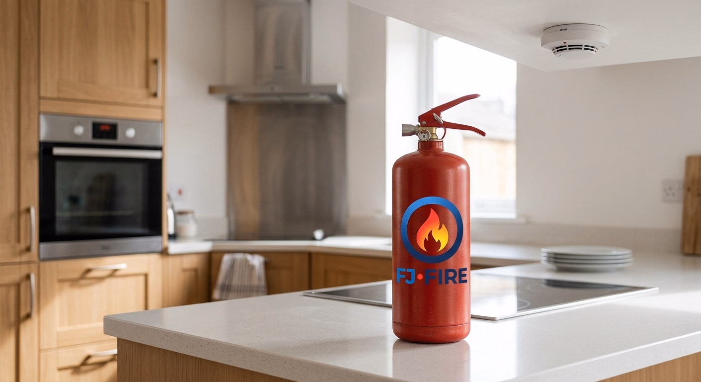 Extincteur ABF 2L et détecteur de fumée DAAF dans une cuisine — prévention incendie maison particulier