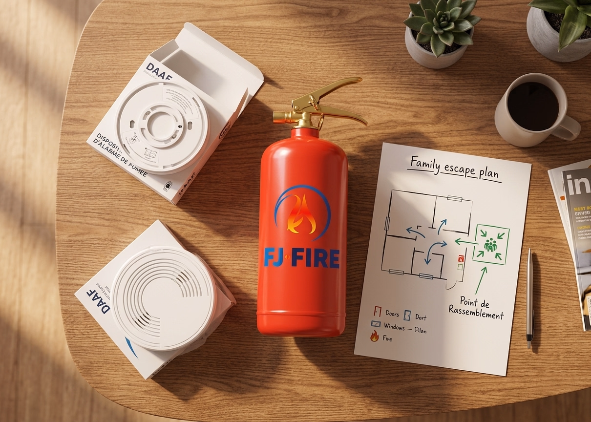 Extincteur ABF 2L et détecteur de fumée DAAF, équipements de prévention incendie domestique recommandés par FJ FIRE