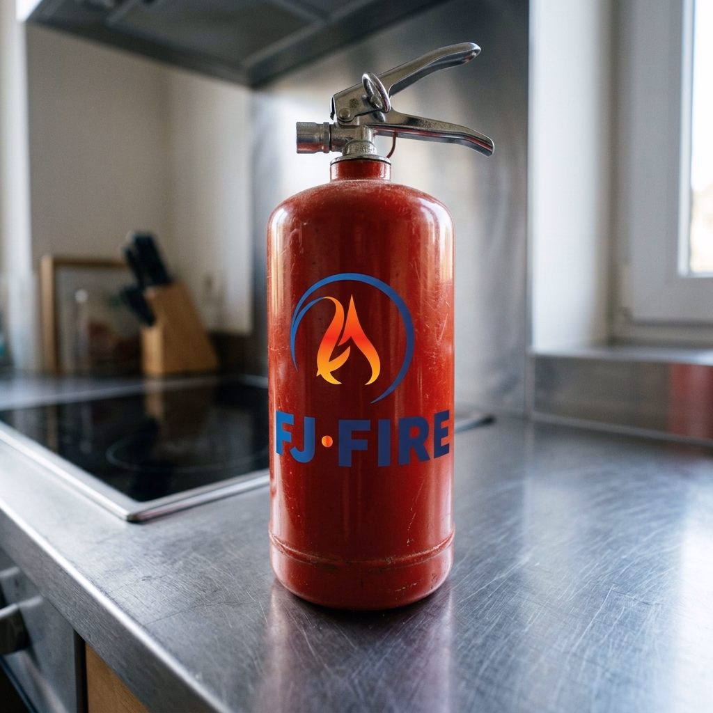 Extincteur eau pulverisee ABF 2 litres pose dans une cuisine de maison individuelle, equipement de prevention incendie pour les particuliers dans le Medoc en Gironde