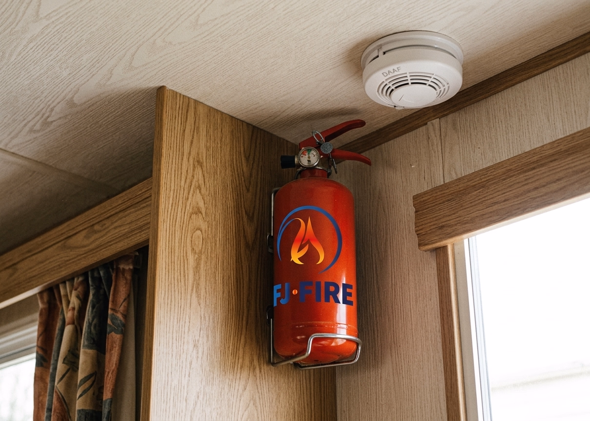 Extincteur ABF 2 litres fixé dans une caravane, prévention incendie habitat léger Gironde