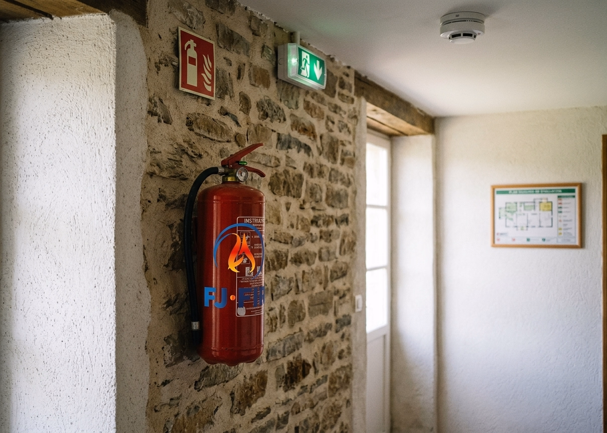 Extincteur rouge, BAES vert et detecteur de fumee au plafond dans le couloir d'un gite rural : equipements de securite incendie obligatoires pour un ERP type O