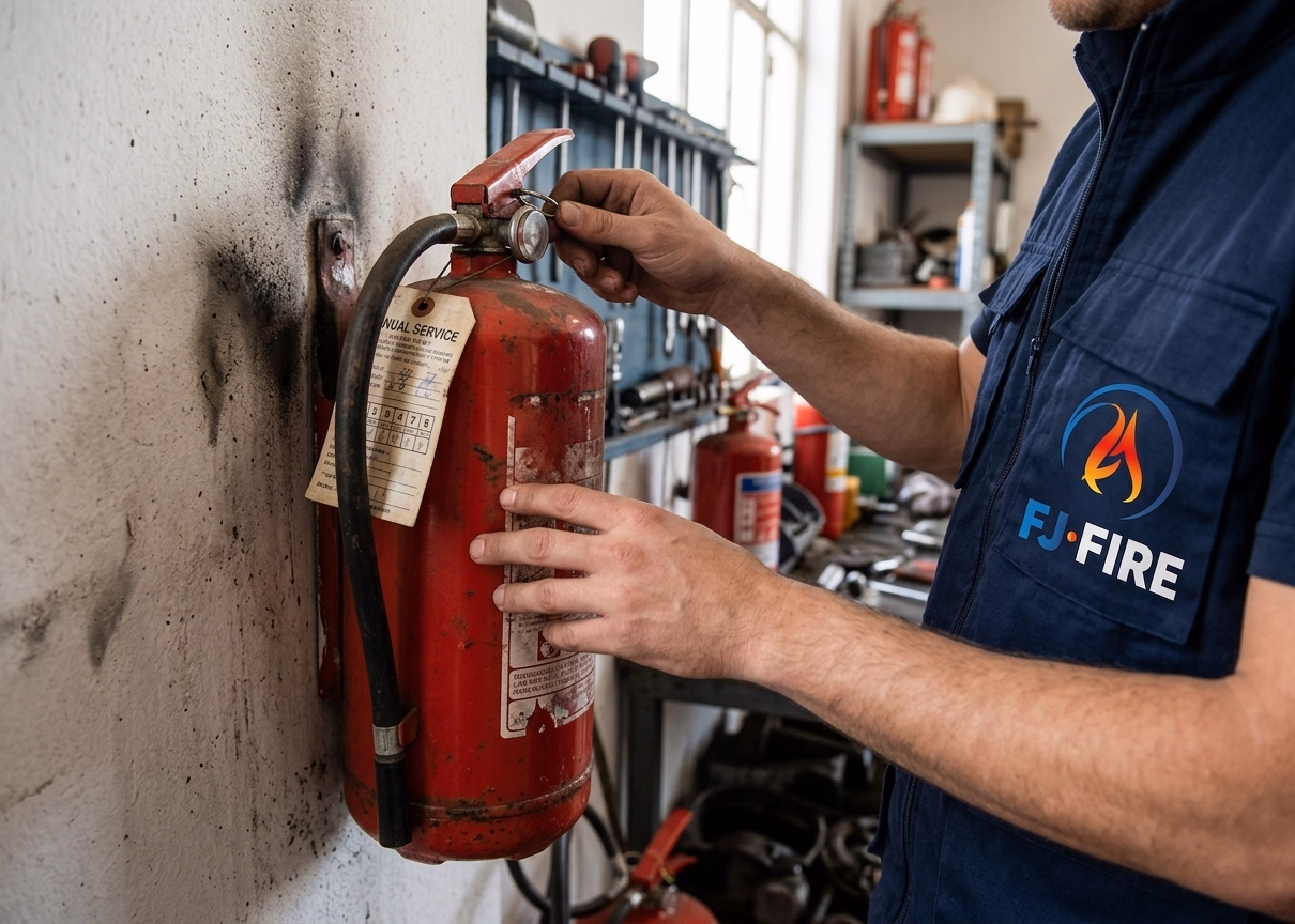 Technicien FJ FIRE vérifiant un extincteur mural dans un atelier municipal — vérification annuelle obligatoire
